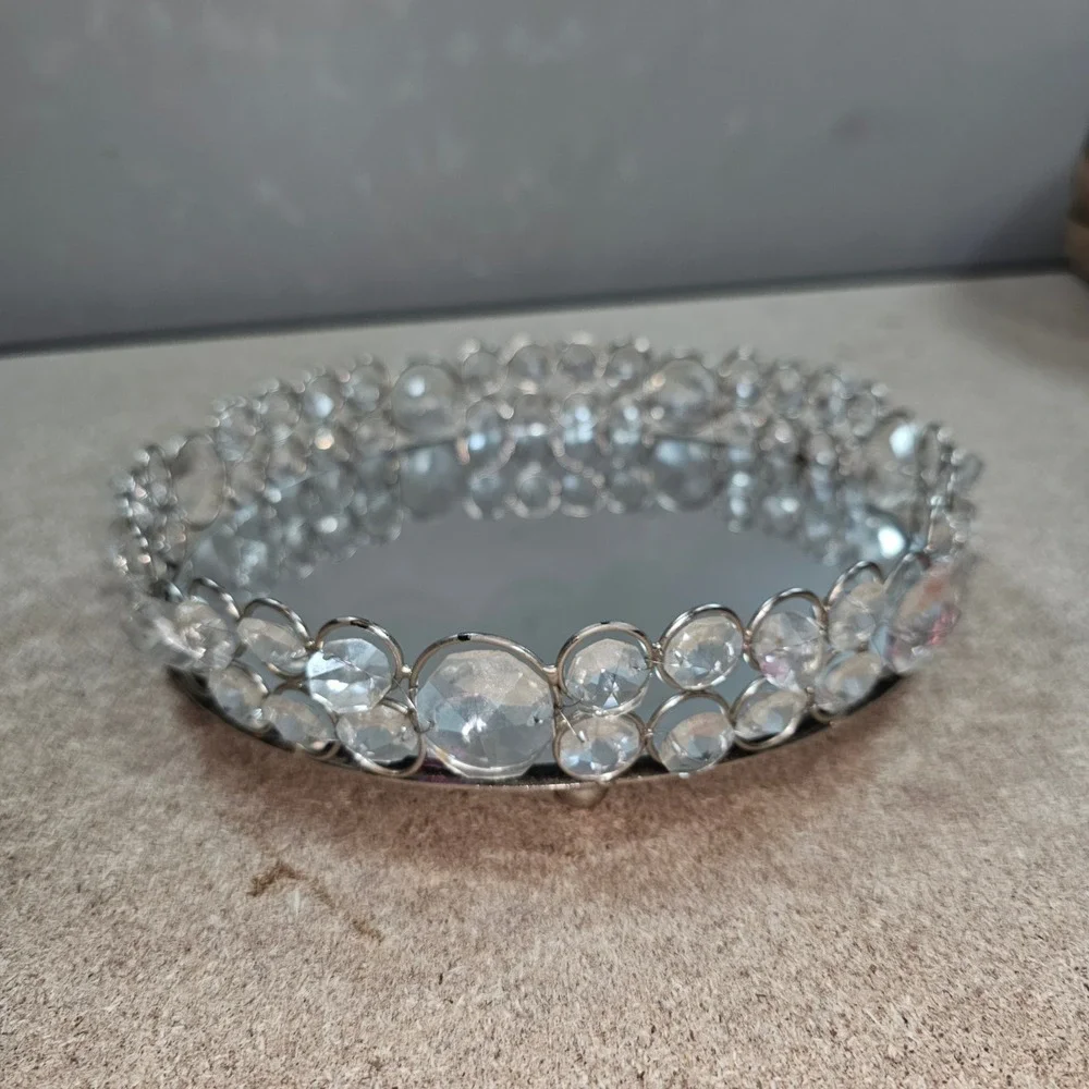 Vanity Tray Nanette Lepore OS Silver Good Mirrored Crystal Beaded Round Glam